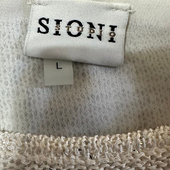 Sioni White Mixed Media Sparkle Chiffon Underlay Pleated Hem Sweater Size L - Picture 5 of 8
